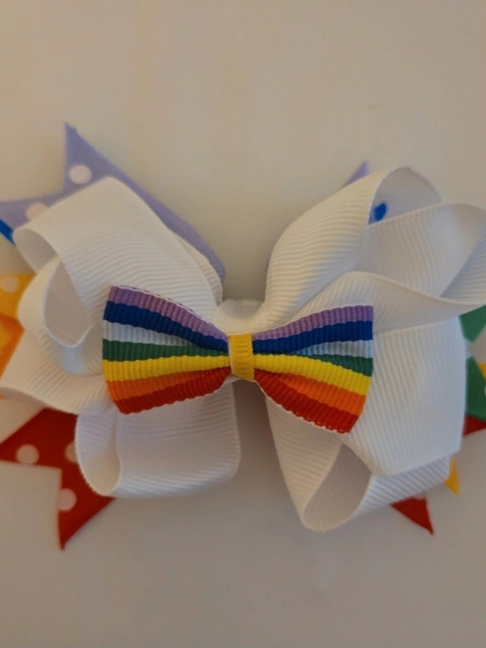 White Hair Bow with Rainbow Accent - Kids